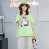 兔妈孕妇上衣夏季纯棉休闲风宽松简约印花圆领露背T恤短款孕妇上装