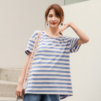 兔妈[撞色拼接条纹T恤]孕产妇装上衣夏季圆领T恤时尚宽松外出短袖