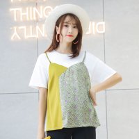 兔妈孕妇装上衣夏简约宽松假两件吊带不规则拼接短款孕妇T恤