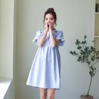 兔妈哺乳孕妇装夏外出喂奶民族刺绣甜美风立领条纹孕妇连衣裙