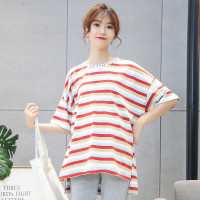 兔妈孕妇装夏款宽松休闲减龄经典条纹圆领不对称孕妇外套短袖上衣t恤