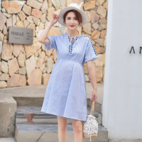 兔妈[纯棉]孕妇装夏清新甜美显瘦收腰A型条纹中长款舒适孕妇连衣裙