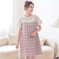 TOMOM[哺乳裙]孕妇连衣裙夏百搭宽松格子拼接外出喂奶隐形拉链A字裙