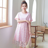 [雏菊网纱裙]孕妇夏新款宽松印花不规则拼接网纱圆领连衣裙