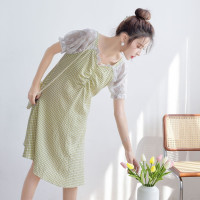 Tomom兔妈 新品孕妇装小清新拼接格纹泡泡袖收腰孕妇连衣裙中长款夏季