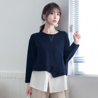 Tomom兔妈孕妇装新款孕妇秋季上衣针织撞色拼接梭织长袖t恤孕妇假两件上衣