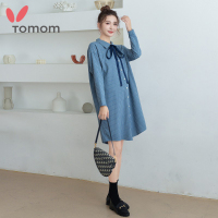 Tomom兔妈孕妇装秋季新款条纹棉麻系带翻领外出哺乳衬衫孕妇连衣裙