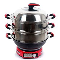 电热锅多功能家用电锅加厚不粘锅电炒蒸煮一体锅电热铸铁锅电炒锅|钛合金开关精铁加厚定时款双蒸笼 36厘米口径(3-6人用)