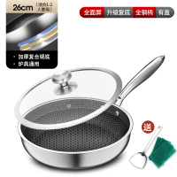 煎饼烙饼牛排煎锅不粘锅煤气灶不锈钢家用煎蛋平底锅电磁炉专用锅|锅口26cm,全面屏,复合底+盖子送不锈钢铲百洁布