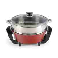 不粘锅加厚电煮锅电热锅韩式多功能电火锅电锅电炒锅|30cm暗红色+不锈钢蒸笼