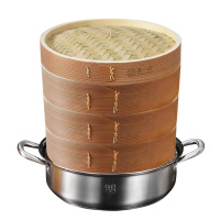 不锈钢套装蒸格蒸锅家用304双层馒头海鲜竹蒸笼电磁炉蒸锅|31cm三笼一盖木蒸笼(含304蒸锅)