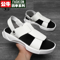 公牛四季男鞋增高凉鞋男夏季真皮厚底潮一字拖穿两用沙滩鞋海边休闲罗马皮凉鞋