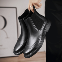 公牛四季男鞋切尔西靴男冬季懒人一脚蹬真皮中帮套筒短靴加绒烟筒靴高帮马丁靴