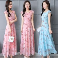 2020新款气质雪纺连衣裙女夏短袖收腰中长款裙子印花长裙仙女夏装
