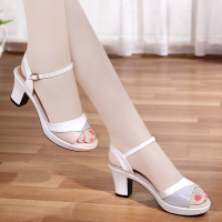 女鞋真皮2020夏季时装凉鞋女夏一字扣带中跟粗跟鱼嘴高跟