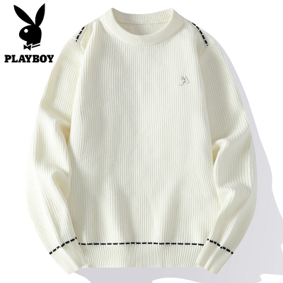 PLAYBOY简约圆领套头毛衣男士上衣服秋冬季新款青少年针织打底衫