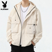 花花公子工装夹克男士秋季潮流连帽防风冲锋衣服休闲外套男秋冬款