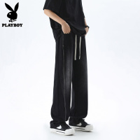 花花公子黑色牛仔裤男秋冬款直筒潮流宽松微喇拖地长裤子男士秋季