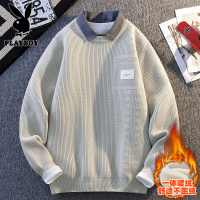 花花公子新款高品质冬季加绒假两件男士衬衫领毛衣保暖针织衫