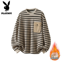 花花公子新款高品质MP&潮牌重磅圆领加绒条纹卫衣男秋冬套头长袖上衣