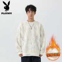 花花公子新款高品质加绒重磅圆领卫衣男2025秋冬新款假两件拼接扎染宽松休闲上衣