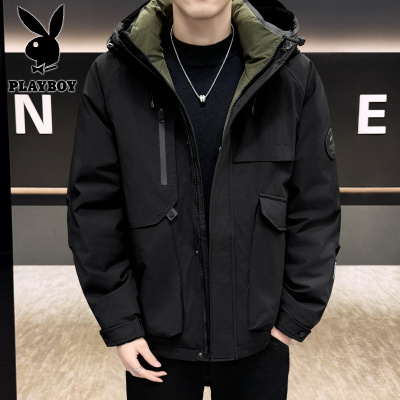 花花公子新款高品质新国标90白鸭绒工装羽绒服男女同款冬季连帽保暖羽绒情侣外套