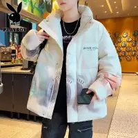 花花公子新款高品质渐变数码印花棉衣男立领宽松潮流青少年加厚冬季外套防寒服