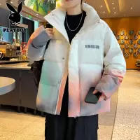 花花公子新款高品质渐变数码印花棉衣男立领宽松潮流青少年加厚冬季外套防寒服