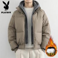 花花公子新款高品质秋冬青少年加厚PU棉衣男港风假两件棉服