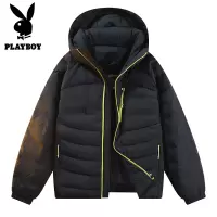 花花公子新款90羽绒有质检连帽排骨羽绒服撞色男式厚外套