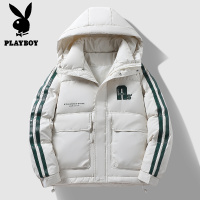 花花公子新款冬季羽绒开衫外套压花连帽不可脱卸羽绒服刺锈撞色男