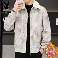 花花公子新款脏脏布 男士冬季加绒加厚外套时尚个性百搭夹克