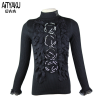 AITYAKU日本婴童服装幼儿宝宝钉珠镶钻线衣罗纹领蕾丝花边袖口毛衣56my女童针织羊毛衫中小童提花上衣百搭潮款