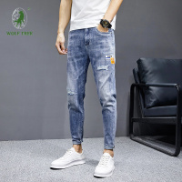 [七匹狼国际公司授权WOLF TREK ]男装春夏季潮男青少年牛仔裤修身弹力休闲小脚九分牛仔裤男-