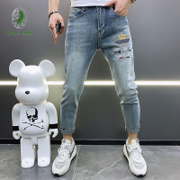 [七匹狼国际公司授权WOLF TREK ]轻奢潮流2021夏季薄款水洗韩版潮牌牛仔裤男微跨修身九分裤潮