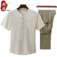 [七匹狼国际公司授权WOLF TREK ]夏季短袖长裤t恤男中国风唐装半袖体恤棉麻两件套爸爸夏装套装薄