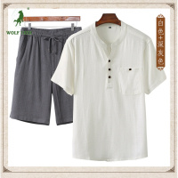 [七匹狼国际公司授权WOLF TREK ]中老年爸爸装夏季V领棉麻套装中国风短袖T恤中年男父亲亚麻短裤唐装