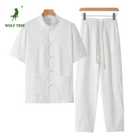 [七匹狼国际公司授权WOLF TREK ]夏季棉麻套装男士中国风盘扣开衫唐装大码衬衫短袖中国纯色两件套