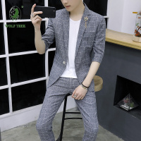 [七匹狼国际公司授权WOLF TREK ]2022夏装男士棉麻透气修身格子七分袖西服两件套装影楼中袖西装潮