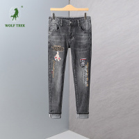 [七匹狼国际公司授权WOLF TREK ]高品质刺绣牛仔裤男潮牌修身小脚弹力潮流时尚男装裤子四季新款