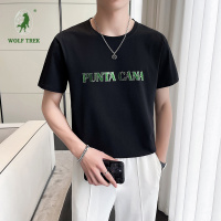 [七匹狼国际公司授权WOLF TREK ]2023年新款短袖T恤男重工亮片男装高品质社会小伙体恤痞帅ins修身