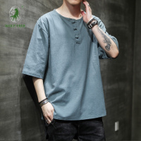 [七匹狼国际公司授权WOLF TREK ]中国风男装t恤夏季新款棉麻短袖大码圆领盘扣五分袖T恤宽松上衣