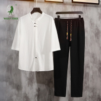 [七匹狼国际公司授权WOLF TREK ]男装2023夏季中国风复古盘扣立领宽松大码五分袖短袖衬衫t恤套装-