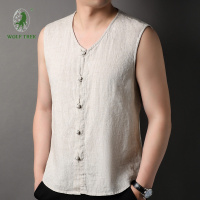 [七匹狼国际公司授权WOLF TREK ]男士圆领背心马甲纯亚麻无袖坎肩夏季薄款宽松上衣纯色汗衫