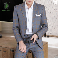 [七匹狼国际公司授权WOLF TREK ]西服两件套男士修身格子两粒扣西服套装宴会夜店礼服装伴郎服