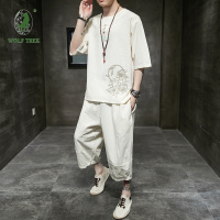 [七匹狼国际公司授权WOLF TREK ]中国风男装夏薄亚麻套装男青年棉麻茶禅服中式唐装汉服休闲两件套
