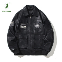 [七匹狼国际公司授权WOLF TREK ]飞行夹克男秋新款帅气机车皮衣宽松复古刺绣外套潮流棒球服