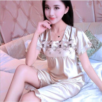 白织鸟女士新仿真丝睡裙夏季短袖套装薄款两件套冰丝丝绸春秋家居服