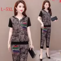 白织鸟印花休闲套装女夏季新款宽松大码时尚连帽卫衣小脚裤两件套
