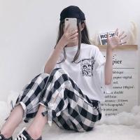 白织鸟印花短袖T恤女夏新款韩版宽松大码格子休闲裤时尚两件套